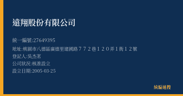 遠翔股份有限公司的照片-統編 27649395(桃園市) 公司登記資料與營業項目詳細圖表