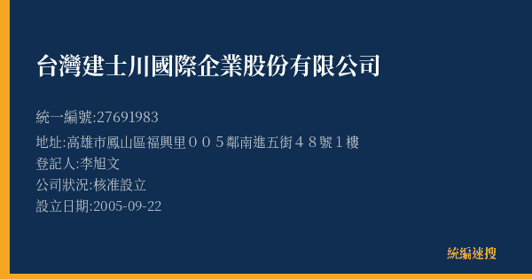 台灣建士川國際企業股份有限公司的照片-統編 27691983(高雄市) 公司登記資料與營業項目詳細圖表
