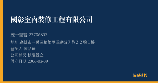 國彰室內裝修工程有限公司的照片-統編 27706803(高雄市) 公司登記資料與營業項目詳細圖表