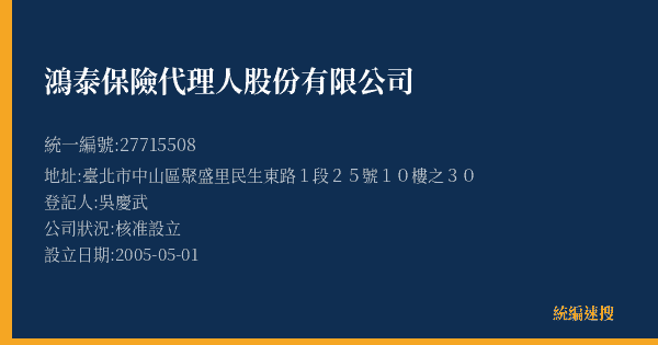 鴻泰保險代理人股份有限公司的照片-統編 27715508(臺北市) 公司登記資料與營業項目詳細圖表