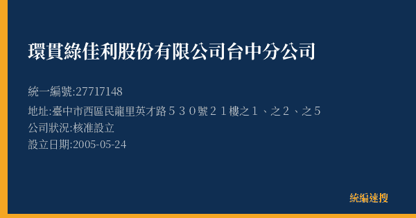 環貫綠佳利股份有限公司台中分公司的照片-統編 27717148(臺中市) 公司登記資料與營業項目詳細圖表