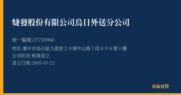婕發股份有限公司烏日外送分公司的照片-統編 27750960(臺中市) 公司登記資料與營業項目詳細圖表