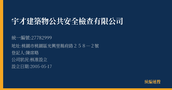 宇才建築物公共安全檢查有限公司的照片-統編 27782999(桃園市) 公司登記資料與營業項目詳細圖表