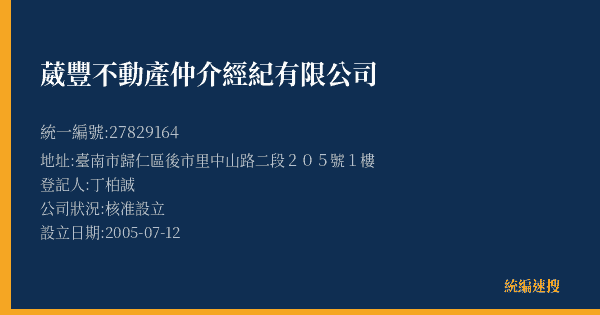 葳豐不動產仲介經紀有限公司的照片-統編 27829164(臺南市) 公司登記資料與營業項目詳細圖表