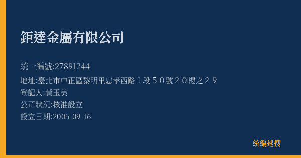 鉅達金屬有限公司的照片-統編 27891244(臺北市) 公司登記資料與營業項目詳細圖表