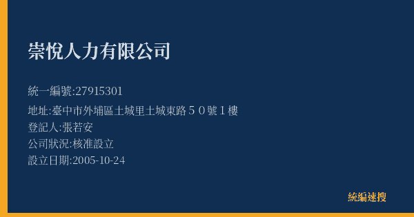 崇悅人力有限公司的照片-統編 27915301(臺中市) 公司登記資料與營業項目詳細圖表