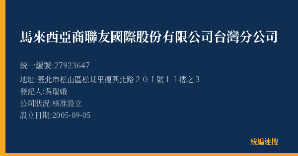 馬來西亞商聯友國際股份有限公司台灣分公司的照片-統編 27923647(臺北市) 公司登記資料與營業項目詳細圖表