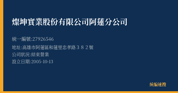 燦坤實業股份有限公司阿蓮分公司的照片-統編 27926546(高雄市) 公司登記資料與營業項目詳細圖表