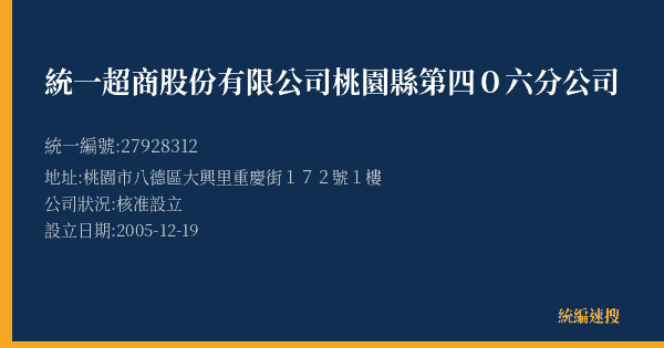統一超商股份有限公司桃園縣第四0六分公司的照片-統編 27928312(桃園市) 公司登記資料與營業項目詳細圖表