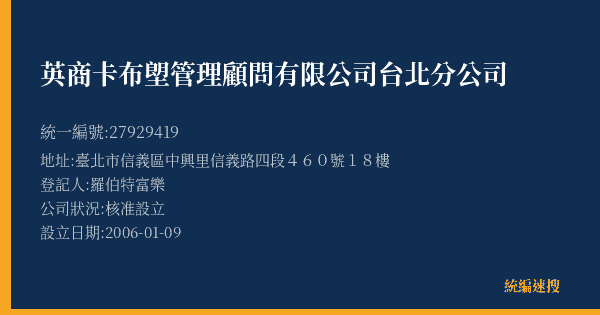 英商卡布塱管理顧問有限公司台北分公司的照片-統編 27929419(臺北市) 公司登記資料與營業項目詳細圖表