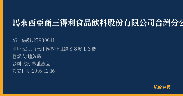 馬來西亞商三得利食品飲料股份有限公司台灣分公司的照片-統編 27930041(臺北市) 公司登記資料與營業項目詳細圖表