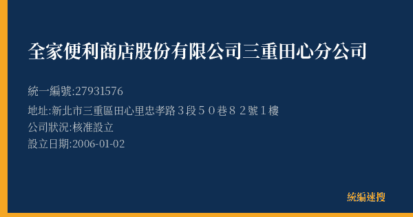 全家便利商店股份有限公司三重田心分公司的照片-統編 27931576(新北市) 公司登記資料與營業項目詳細圖表