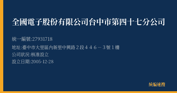 全國電子股份有限公司台中市第四十七分公司的照片-統編 27931718(臺中市) 公司登記資料與營業項目詳細圖表
