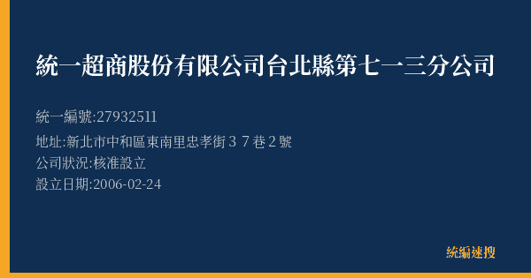 統一超商股份有限公司台北縣第七一三分公司的照片-統編 27932511(新北市) 公司登記資料與營業項目詳細圖表