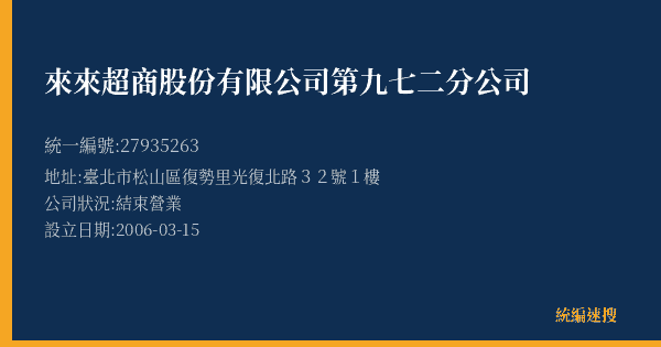 來來超商股份有限公司第九七二分公司的照片-統編 27935263(臺北市) 公司登記資料與營業項目詳細圖表