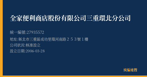 全家便利商店股份有限公司三重環北分公司的照片-統編 27935572(新北市) 公司登記資料與營業項目詳細圖表
