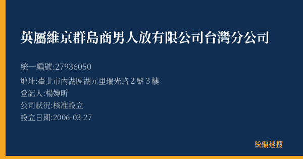 英屬維京群島商男人放有限公司台灣分公司的照片-統編 27936050(臺北市) 公司登記資料與營業項目詳細圖表