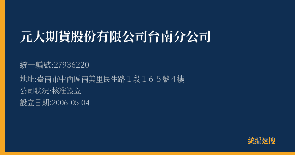 元大期貨股份有限公司台南分公司的照片-統編 27936220(臺南市) 公司登記資料與營業項目詳細圖表