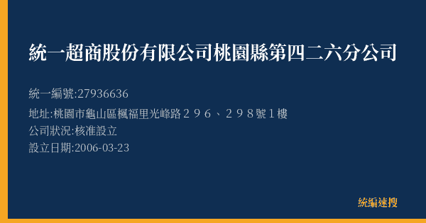 統一超商股份有限公司桃園縣第四二六分公司的照片-統編 27936636(桃園市) 公司登記資料與營業項目詳細圖表