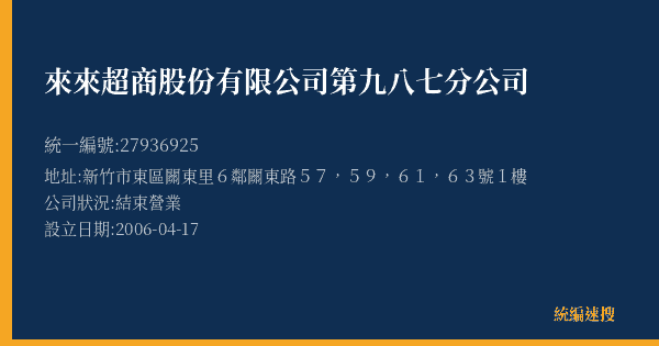 來來超商股份有限公司第九八七分公司的照片-統編 27936925(新竹市) 公司登記資料與營業項目詳細圖表