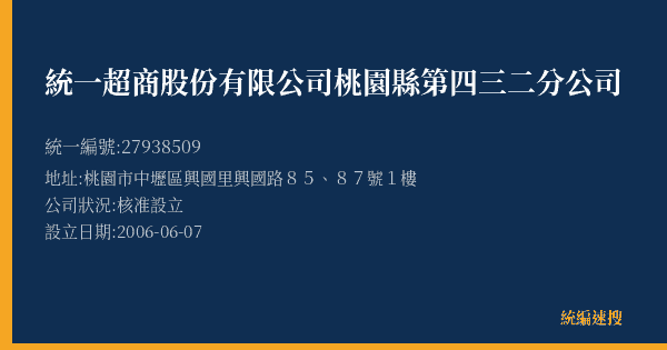 統一超商股份有限公司桃園縣第四三二分公司的照片-統編 27938509(桃園市) 公司登記資料與營業項目詳細圖表
