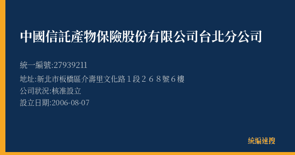 中國信託產物保險股份有限公司台北分公司的照片-統編 27939211(新北市) 公司登記資料與營業項目詳細圖表