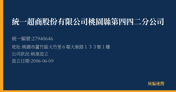 統一超商股份有限公司桃園縣第四四二分公司的照片-統編 27940646(桃園市) 公司登記資料與營業項目詳細圖表