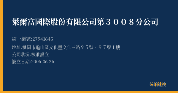 萊爾富國際股份有限公司第3008分公司的照片-統編 27941645(桃園市) 公司登記資料與營業項目詳細圖表