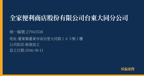 全家便利商店股份有限公司台東大同分公司的照片-統編 27943518(臺東縣) 公司登記資料與營業項目詳細圖表