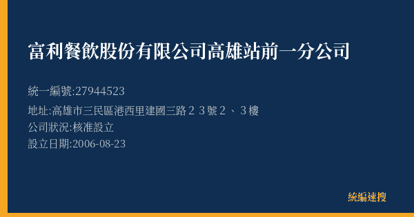 富利餐飲股份有限公司高雄站前一分公司的照片-統編 27944523(高雄市) 公司登記資料與營業項目詳細圖表
