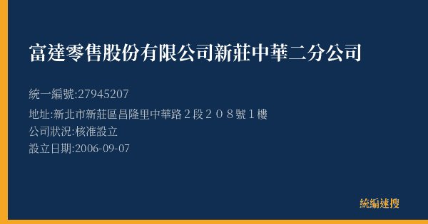 富達零售股份有限公司新莊中華二分公司的照片-統編 27945207(新北市) 公司登記資料與營業項目詳細圖表