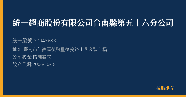 統一超商股份有限公司台南縣第五十六分公司的照片-統編 27945683(臺南市) 公司登記資料與營業項目詳細圖表