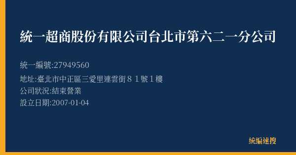 統一超商股份有限公司台北市第六二一分公司的照片-統編 27949560(臺北市) 公司登記資料與營業項目詳細圖表