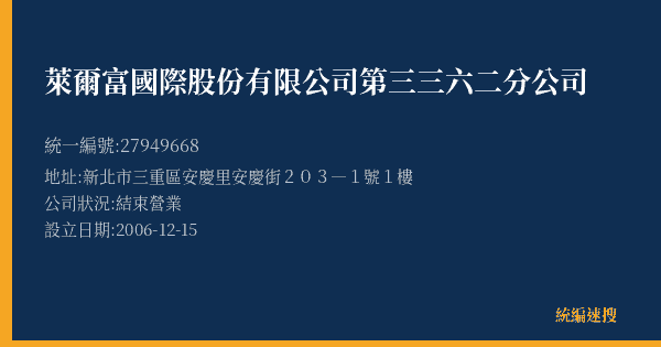 萊爾富國際股份有限公司第三三六二分公司的照片-統編 27949668(新北市) 公司登記資料與營業項目詳細圖表
