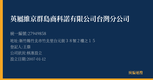 英屬維京群島商科諾有限公司台灣分公司的照片-統編 27949858(新竹縣) 公司登記資料與營業項目詳細圖表