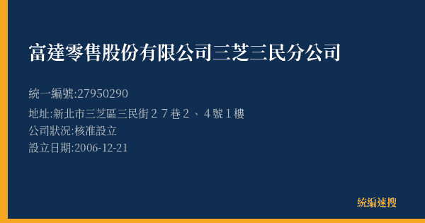 富達零售股份有限公司三芝三民分公司的照片-統編 27950290(新北市) 公司登記資料與營業項目詳細圖表
