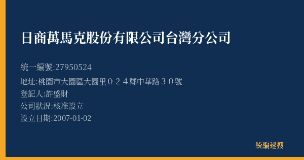日商萬馬克股份有限公司台灣分公司的照片-統編 27950524(桃園市) 公司登記資料與營業項目詳細圖表