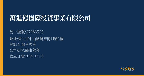 萬進億國際投資事業有限公司的照片-統編 27983525(臺北市) 公司登記資料與營業項目詳細圖表