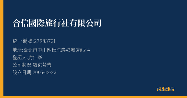 合信國際旅行社有限公司的照片-統編 27983721(臺北市) 公司登記資料與營業項目詳細圖表