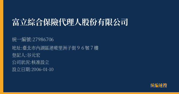 富立綜合保險代理人股份有限公司的照片-統編 27986706(臺北市) 公司登記資料與營業項目詳細圖表