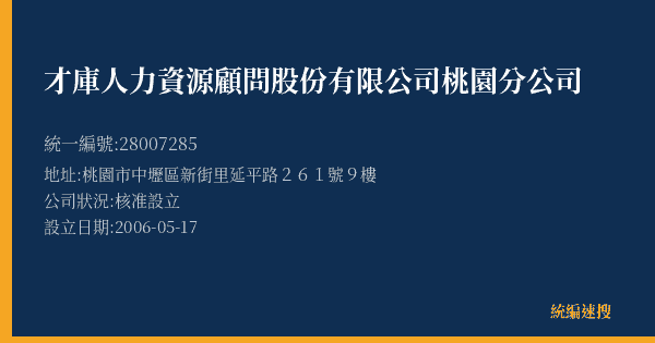 才庫人力資源顧問股份有限公司桃園分公司的照片-統編 28007285(桃園市) 公司登記資料與營業項目詳細圖表