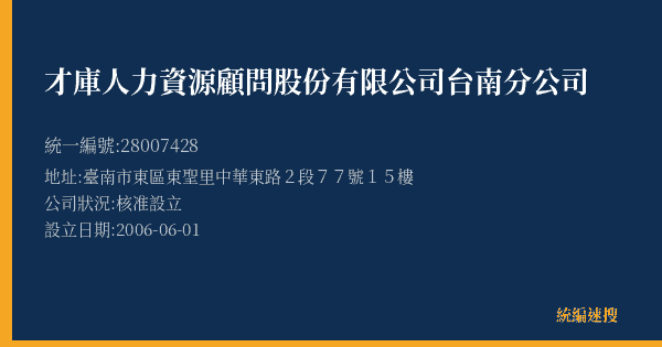 才庫人力資源顧問股份有限公司台南分公司的照片-統編 28007428(臺南市) 公司登記資料與營業項目詳細圖表