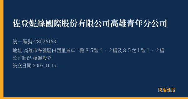 佐登妮絲國際股份有限公司高雄青年分公司的照片-統編 28026163(高雄市) 公司登記資料與營業項目詳細圖表