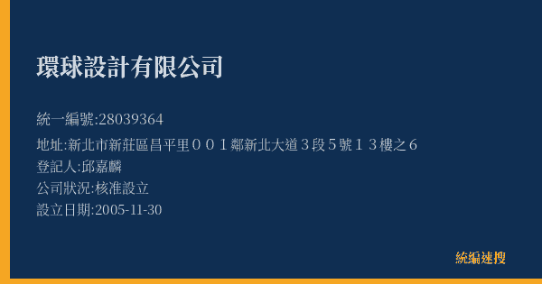 環球設計有限公司的照片-統編 28039364(新北市) 公司登記資料與營業項目詳細圖表