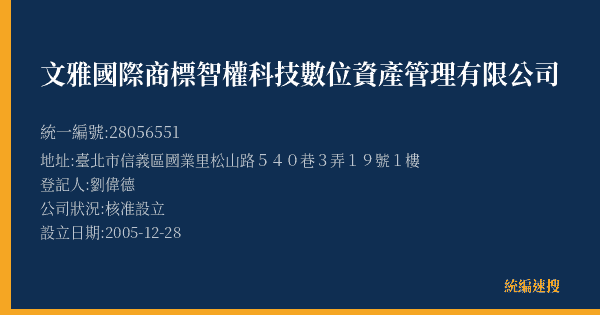 文雅國際商標智權科技數位資產管理有限公司的照片-統編 28056551(臺北市) 公司登記資料與營業項目詳細圖表