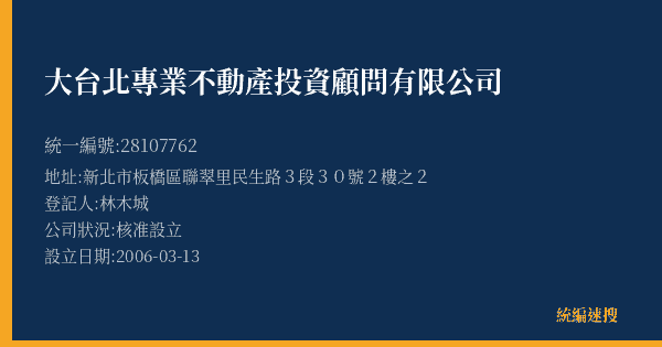 大台北專業不動產投資顧問有限公司的照片-統編 28107762(新北市) 公司登記資料與營業項目詳細圖表