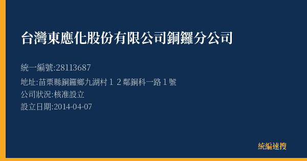 台灣東應化股份有限公司銅鑼分公司的照片-統編 28113687(苗栗縣) 公司登記資料與營業項目詳細圖表