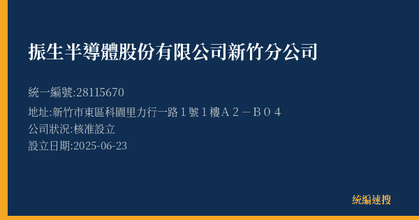 振生半導體股份有限公司新竹分公司的照片-統編 28115670(新竹市) 公司登記資料與營業項目詳細圖表