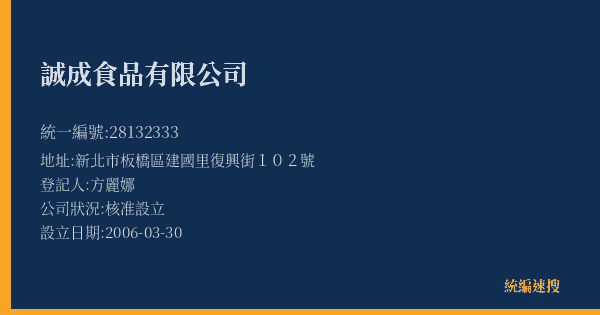 誠成食品有限公司的照片-統編 28132333(新北市) 公司登記資料與營業項目詳細圖表