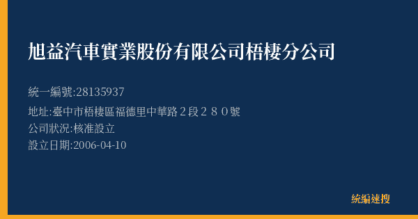 旭益汽車實業股份有限公司梧棲分公司的照片-統編 28135937(臺中市) 公司登記資料與營業項目詳細圖表